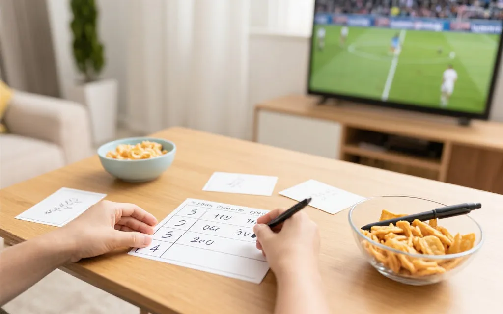 桌面上放着观赛竞猜卡片和零食，适合朋友小团体